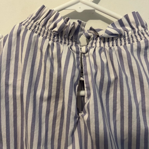 Banana Republic White & Lavender Blue Stripe Ruffle Neck Poplin Top Size Small - Picture 7 of 12